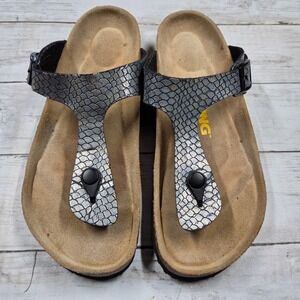 Viking Sandals Women 41 Silver Pewter Snakeskin T-Strap Cork Footbed V712 Buckle